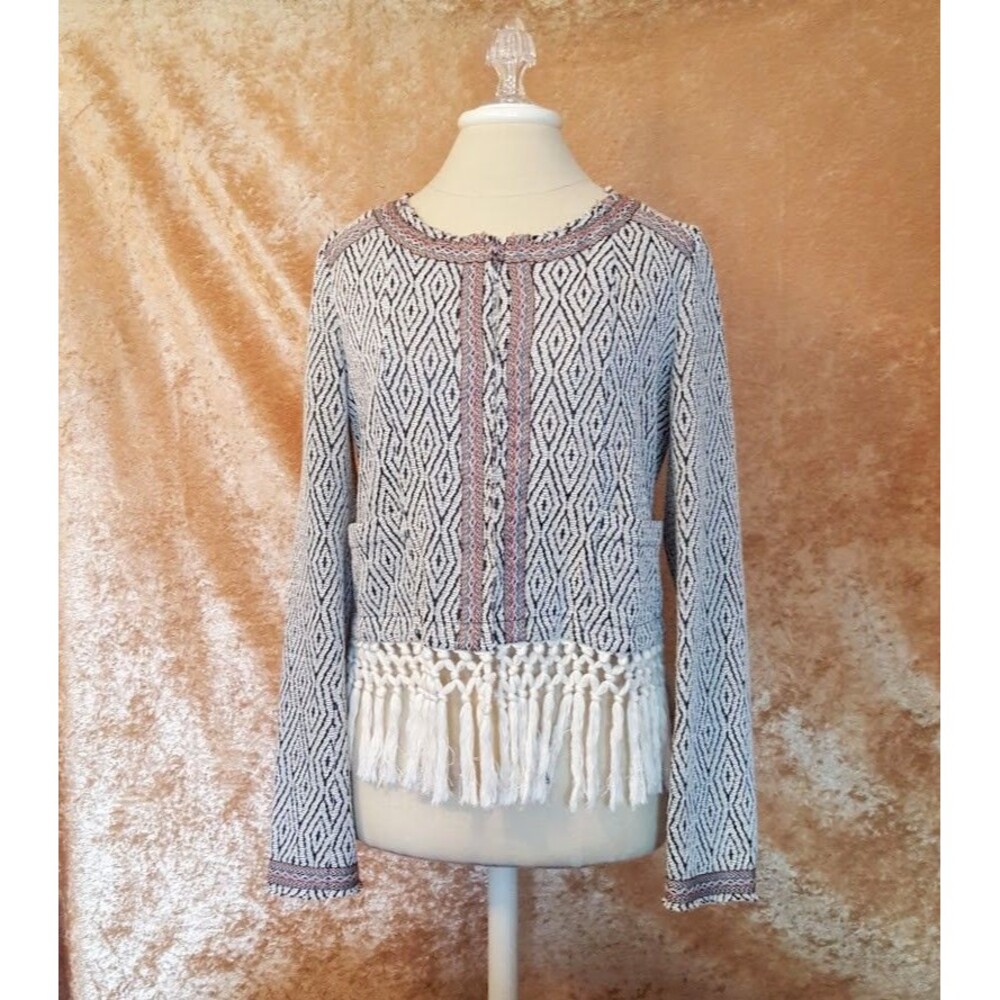 Miss Me Jacket Fringe Hem Sz L Fun and Funky Black Cream/ Multicolor